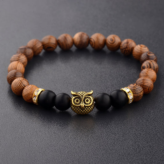 Owl frosted stone lifeline wood grain bracelet